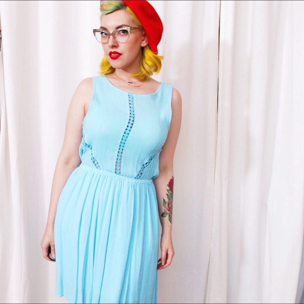 Pastel Blue Fit and Flare Sleeveless Dress Size M Lace Cut Out Retro Casual